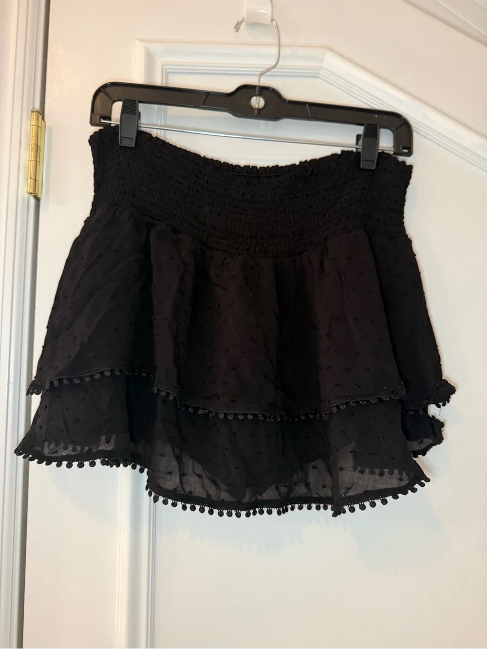 Paradise Black Smocked Ruffle Skort Hidden Shorts Pom Pom Trim L